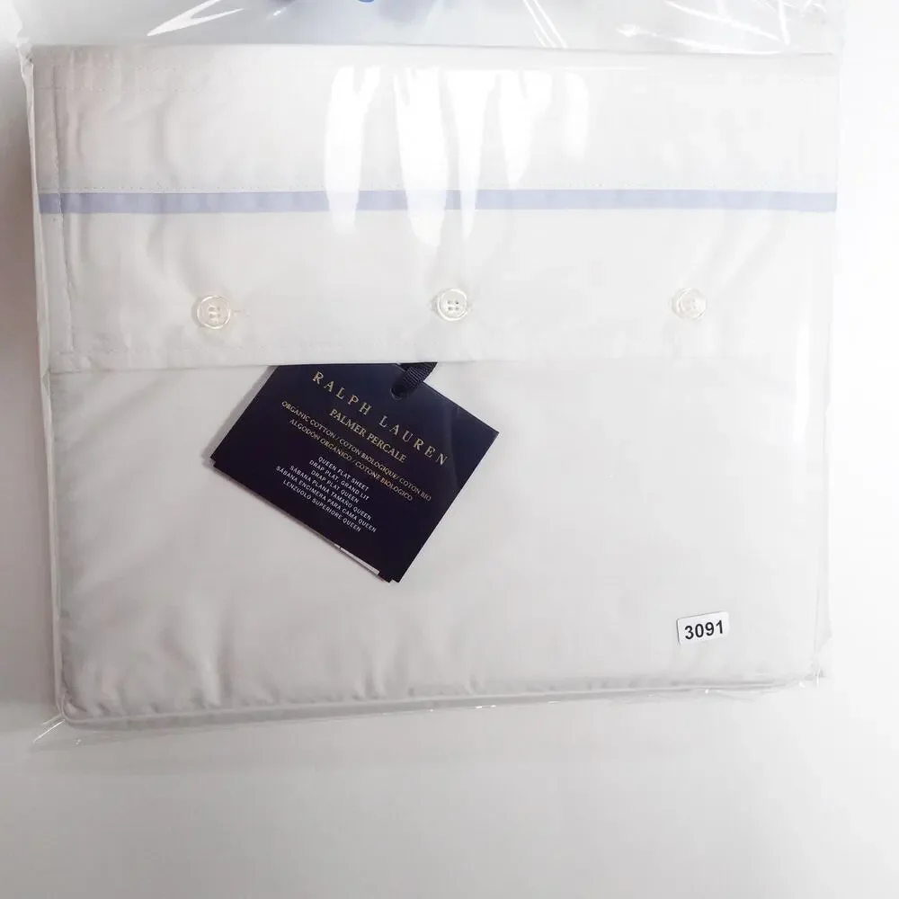 New Ralph Lauren Organic Cotton Percale Palmer Queen Flat Sheet White/Sky Blue